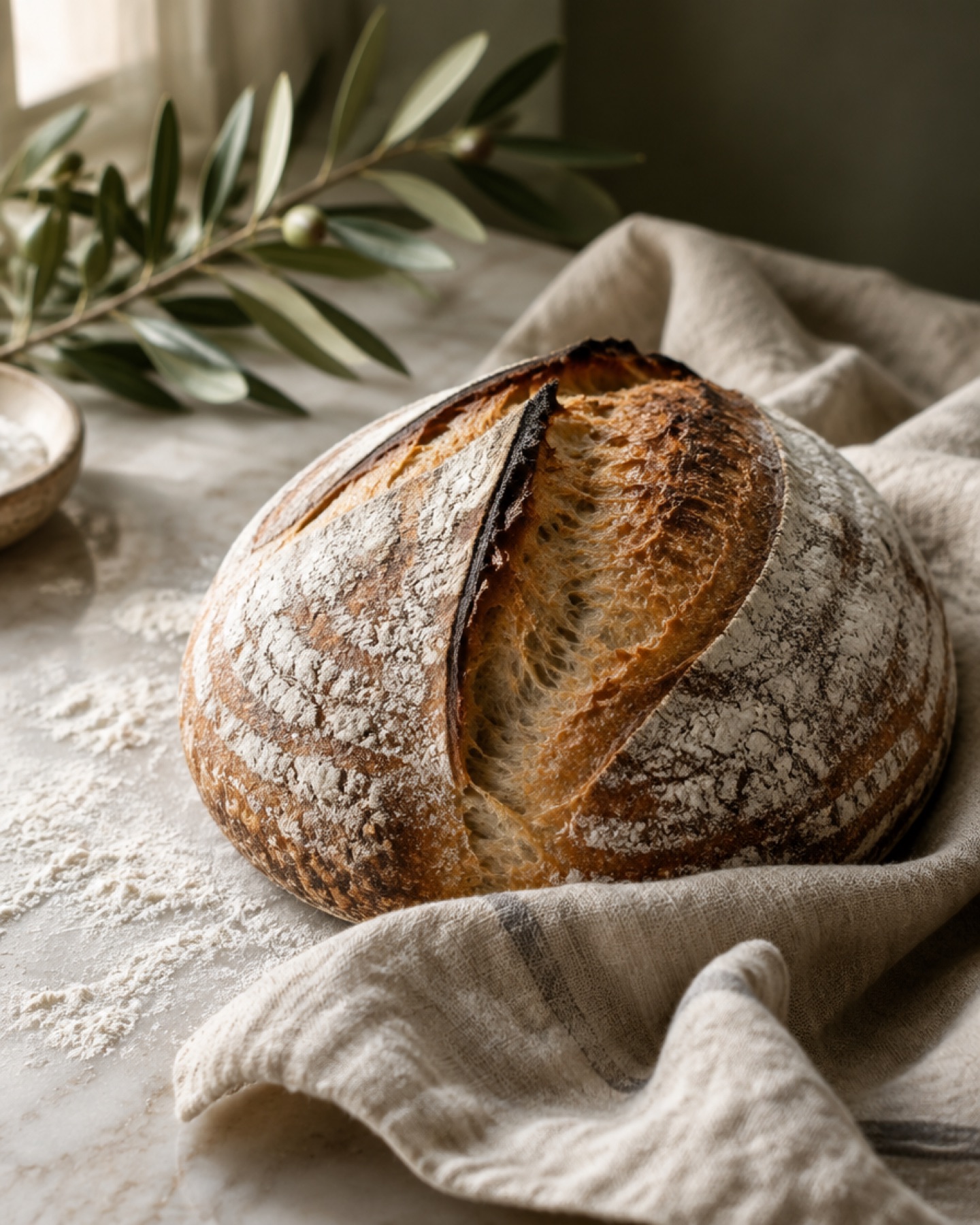 A country sourdough boule with a tall scored ear on a linen towel