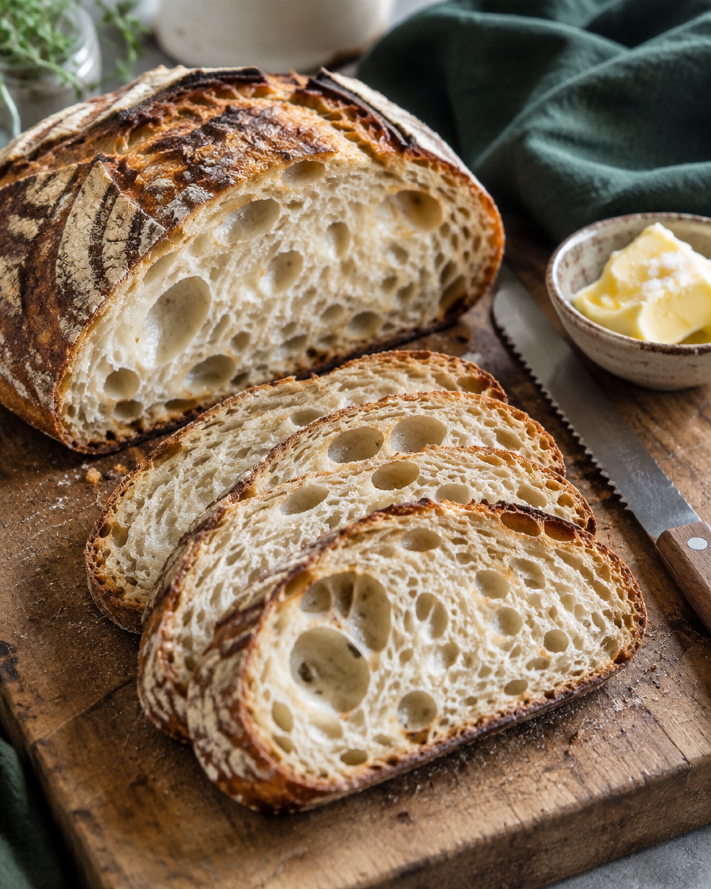 Sliced sourdough showing an open, airy crumb, with butter