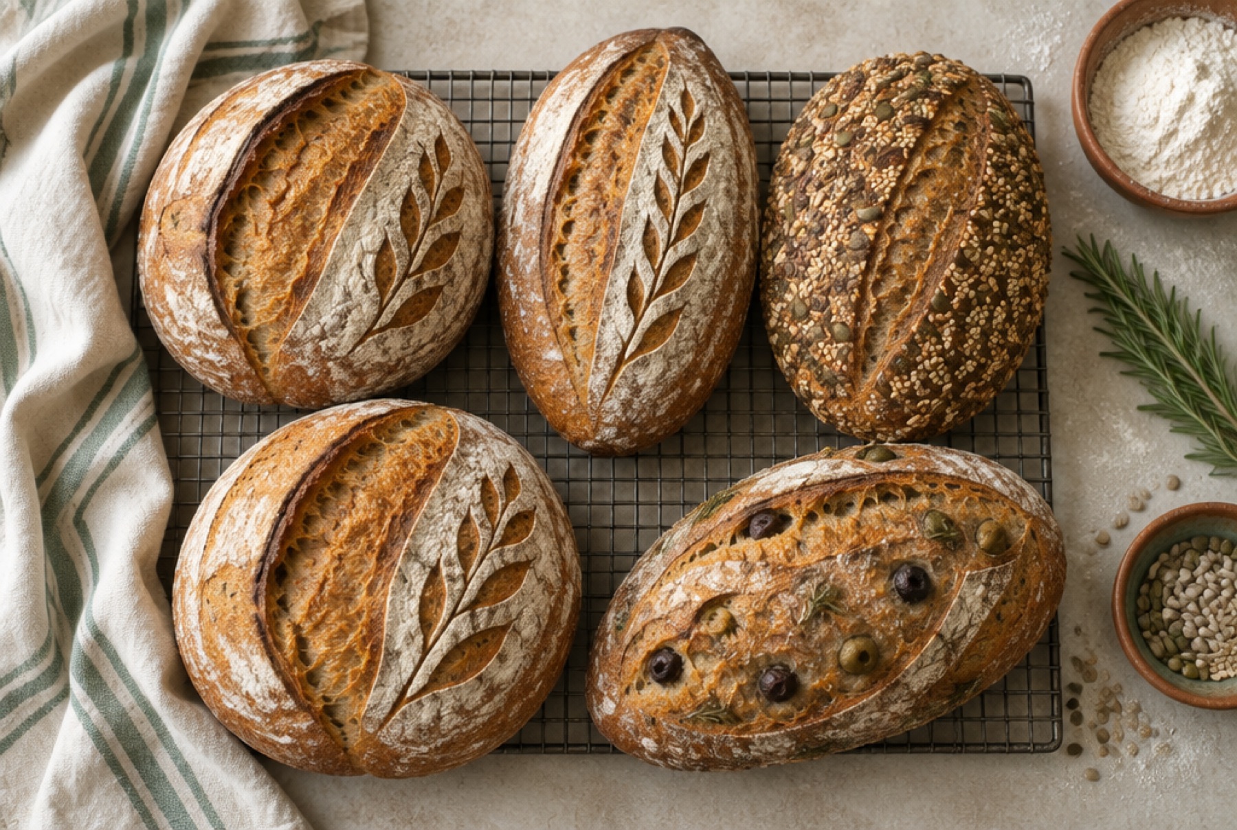 A Saturday bake on a cooling rack: sourdough loaves, seeded rye, olive loaf, croissants and cardamom buns