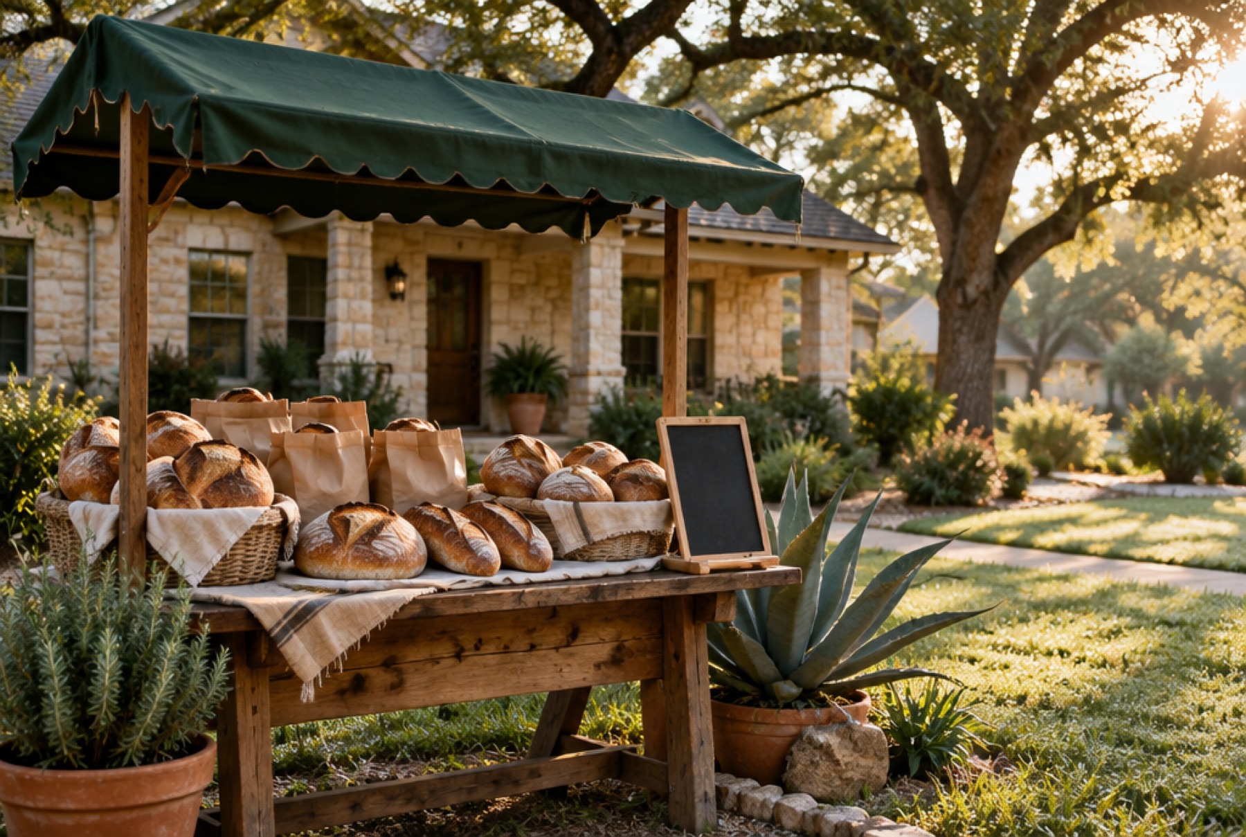 The Loma bread stand under a green awning in front of the house in Leander, with baskets of sourdough